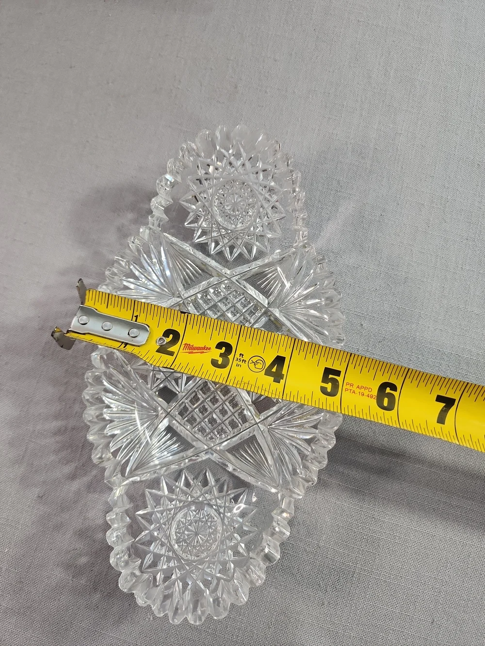 Vintage Heavy Cut Glass Oval Serving Bowl 9” Starburst Sawtooth Rim